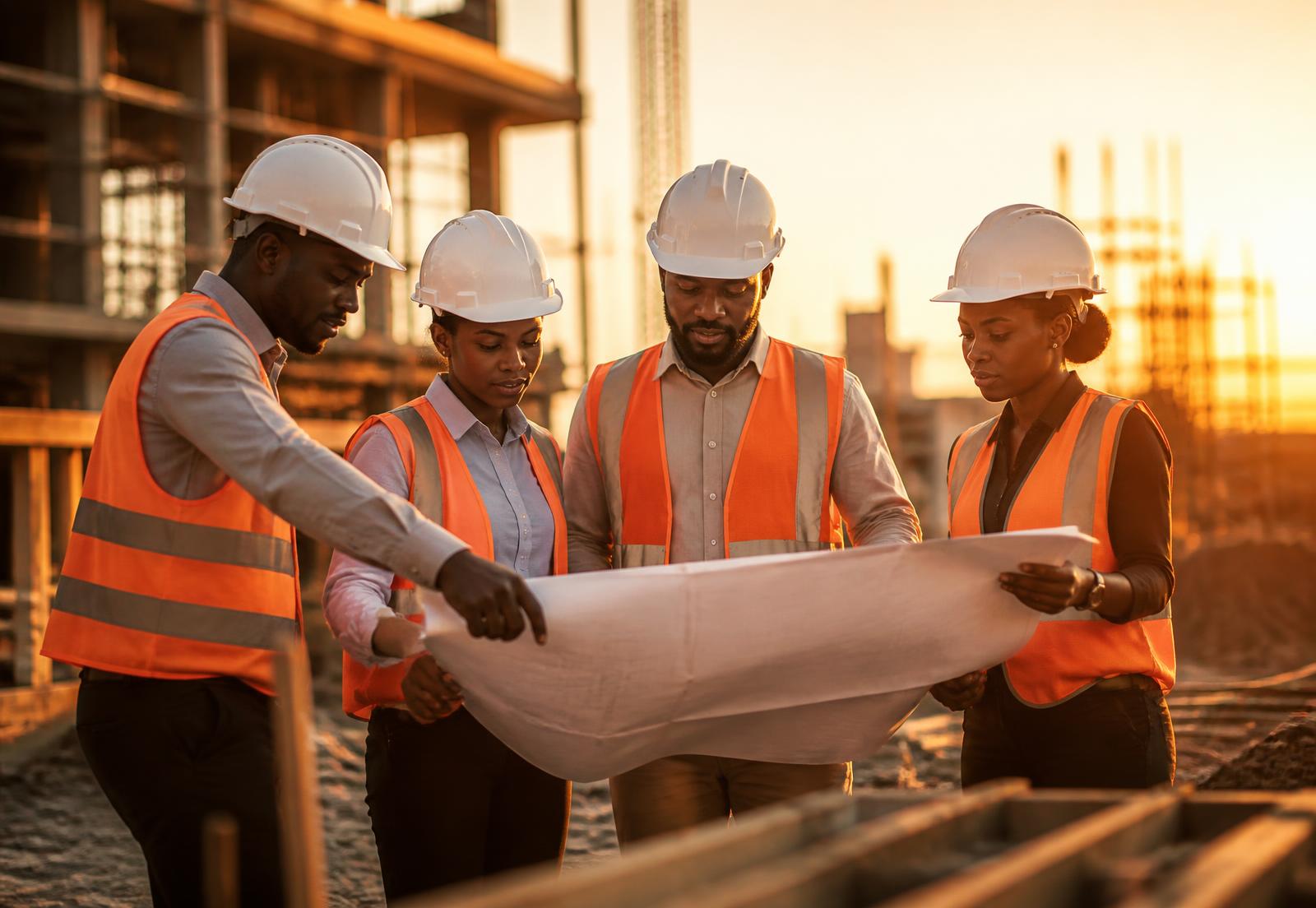Equipa técnica em obra ao pôr do sol